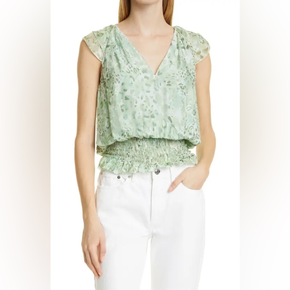 Ramy Brook Miller Top Julep Green Watercolor Silk Patterned Blouse Spring Easter